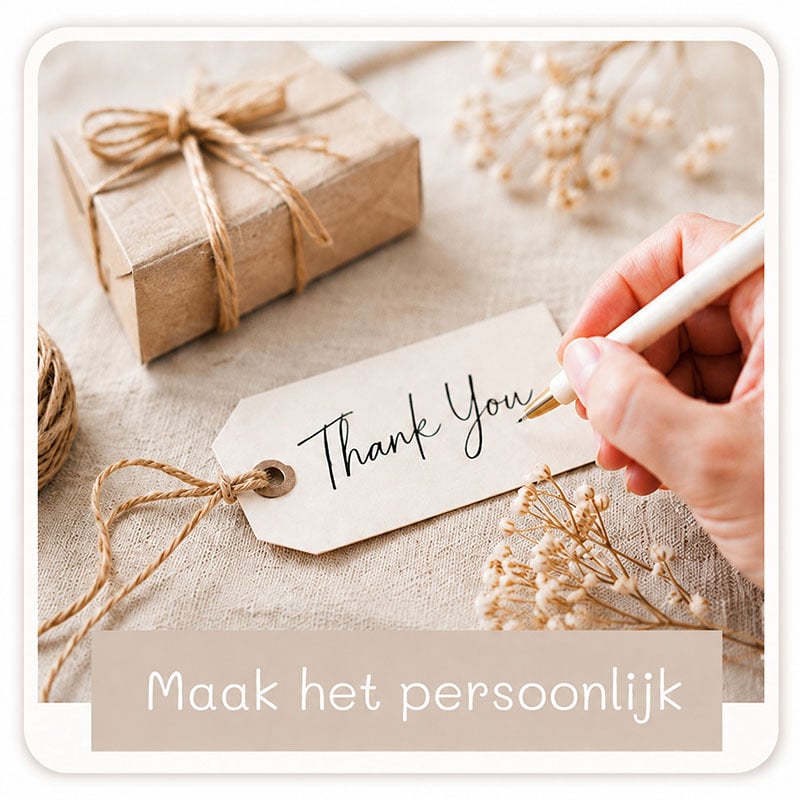 Label met handgeschreven thank you tekst als voorbeeld van persoonlijke cadeautjes