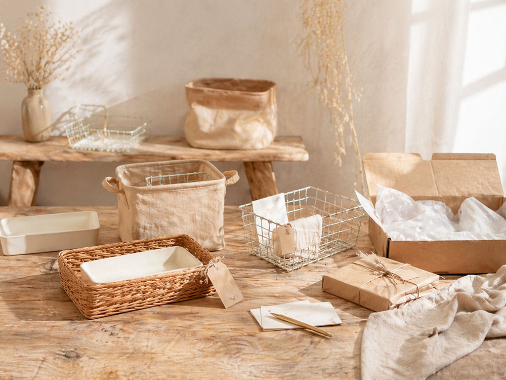 Warme shopsfeer met bijna lege voorraadmandjes, verpakkingsmateriaal en enkele laatste items op tafel