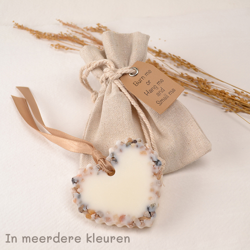 Waxmelts in zakje met satijnen lint en leren label – stijlvol geurcadeautje