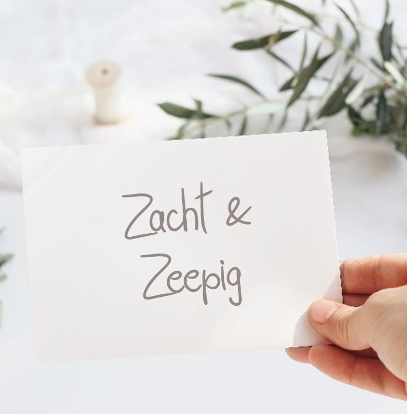 Hand die kaartje vasthoudt met de tekst ‘Zacht & Zeepig’ – sfeervolle brandingfoto met zachte kleuren en groene takjes op de achtergrond.