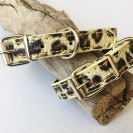 Halsband PU leder panterprint geel/goud - maat S