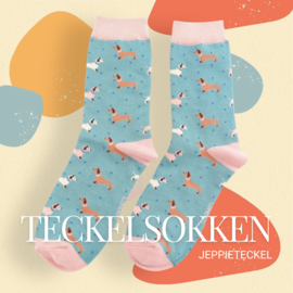 Teckel Sokken Licht Blauw Teckels en Stippen (36-41)