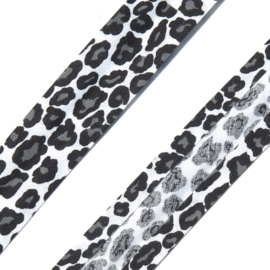 Geprinte katoenen bias lint 25 mm., luipaard, zwart/wit