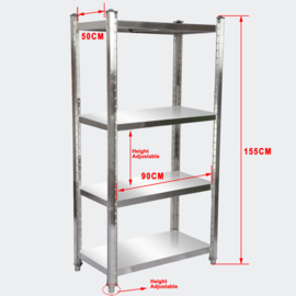 Opbergrek roestvrij staal 90x50x155cm met 4 planken voor restaurants