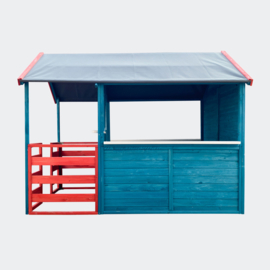 Kinderspeelhuis XL 146x195x156cm woonkamer en terras rood/blauw