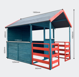Kinderspeelhuis XL 146x195x156cm woonkamer en terras rood/blauw