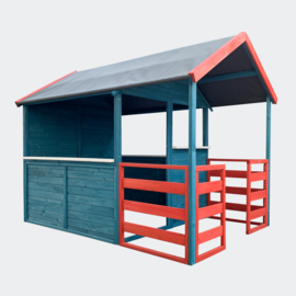 Kinderspeelhuis XL 146x195x156cm woonkamer en terras rood/blauw