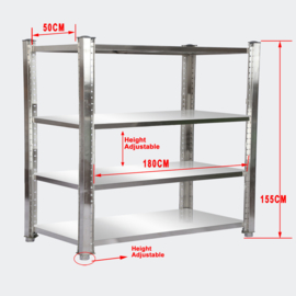 Opbergrek roestvrij staal 180x50x155cm met 4 planken voor restaurants