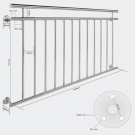 Balkonleuning reling balustrade RVS 90 x 156cm
