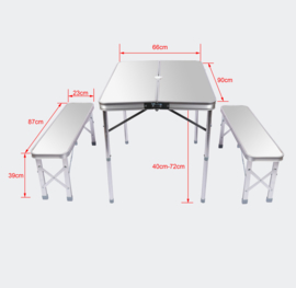 Opvouwbare campingtafel alu met 2 banken in zilver 90x66x70cm
