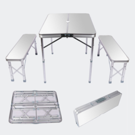 Opvouwbare campingtafel alu met 2 banken in zilver 90x66x70cm