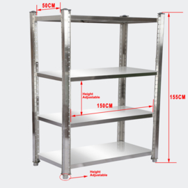 Opbergrek roestvrij staal 150x50x155cm met 4 planken voor restaurants