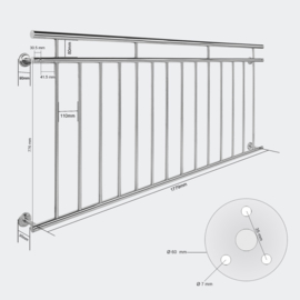 Balkonleuning reling balustrade RVS 90 x 184cm