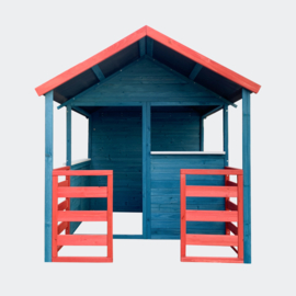 Kinderspeelhuis XL 146x195x156cm woonkamer en terras rood/blauw