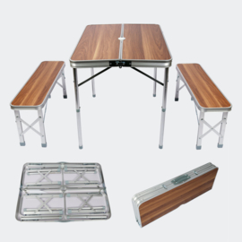 Opvouwbare Campingtafel Alu. met 2 banken in houten design 90x66x70cm
