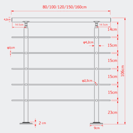 Leuning balustrade traprail rvs 5 dwarsbalken 140cm
