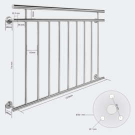 Balkonleuning reling balustrade RVS 90 x 128cm