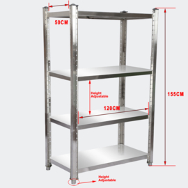 Opbergrek roestvrij staal 120x50x155cm met 4 planken voor restaurants