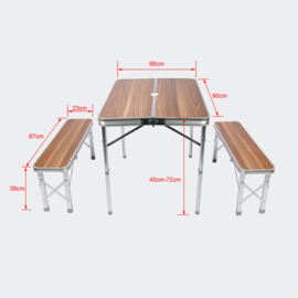 Opvouwbare Campingtafel Alu. met 2 banken in houten design 90x66x70cm