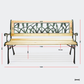 Tuinbank in hout en gietijzer met tulpenpatroon