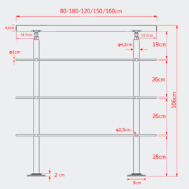 Leuning balustrade traprail rvs 3 dwarsbalken 80cm