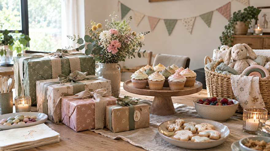 Babyshower gedekte tafel met cadeaus en lekkers