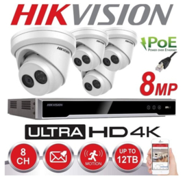 HIKVISION 8MP Bewakingscamera Kit Pro Serie - NVR 8Ch 4K UHD IP POE - 4x 8MP IP CAMERA Pro-Serie In/Buiten Nachtzicht IR Tot 30m - 2TB HDD Opslag