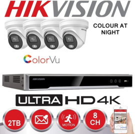 HIKVISION IP Surveillance Kit 4x Colorvu IP Camera's 4 MP Vaste Lens 2.8mm IR 30M + NVR HIKVISION 8 Ch - harde schijf Voorgeïnstalleerd 2TB