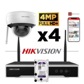 HIKVISION Wi-Fi IP Kit 4 Dome Camera's 4MP 2.8mm IR 30m + 1 NVR Wi-Fi 4 Kanalen + 1 Harde Schijf 1 TB