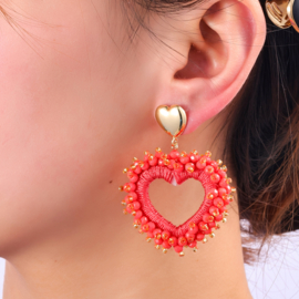 Oorbel Wrapped Beads Heart Bright Coral