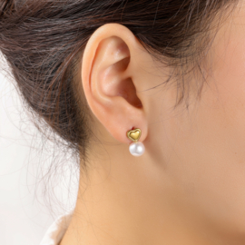 Oorbel Heart + Pearl Stud Gold