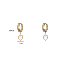 Oorbel Stras Hoop + Heart Gold
