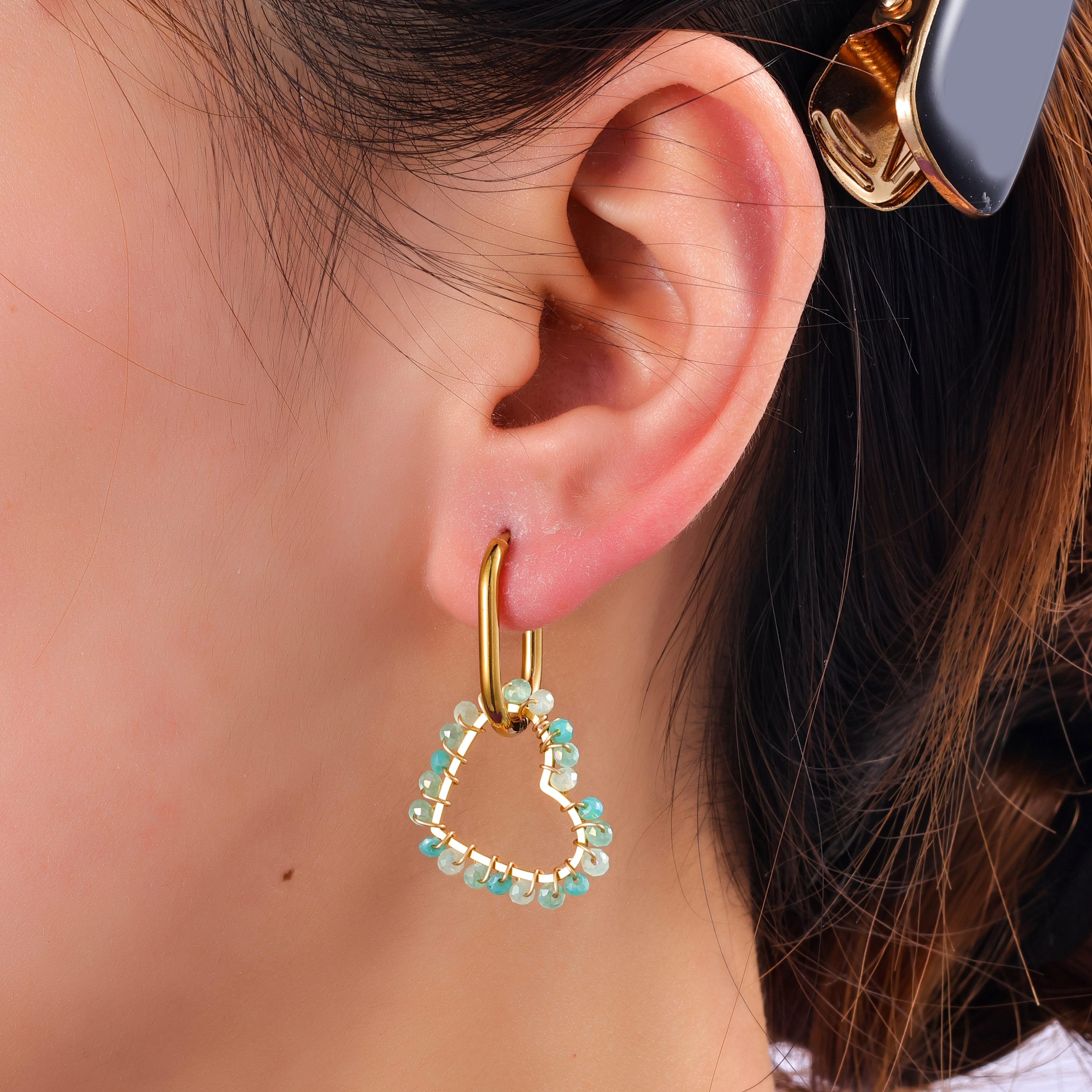 Oorbel Bead Heart Blue Gold