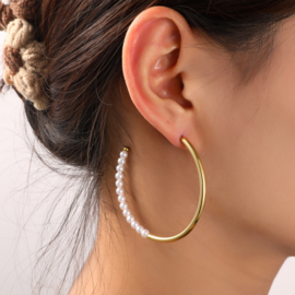 Oorbel Round Pearl Hoop 50mm Gold
