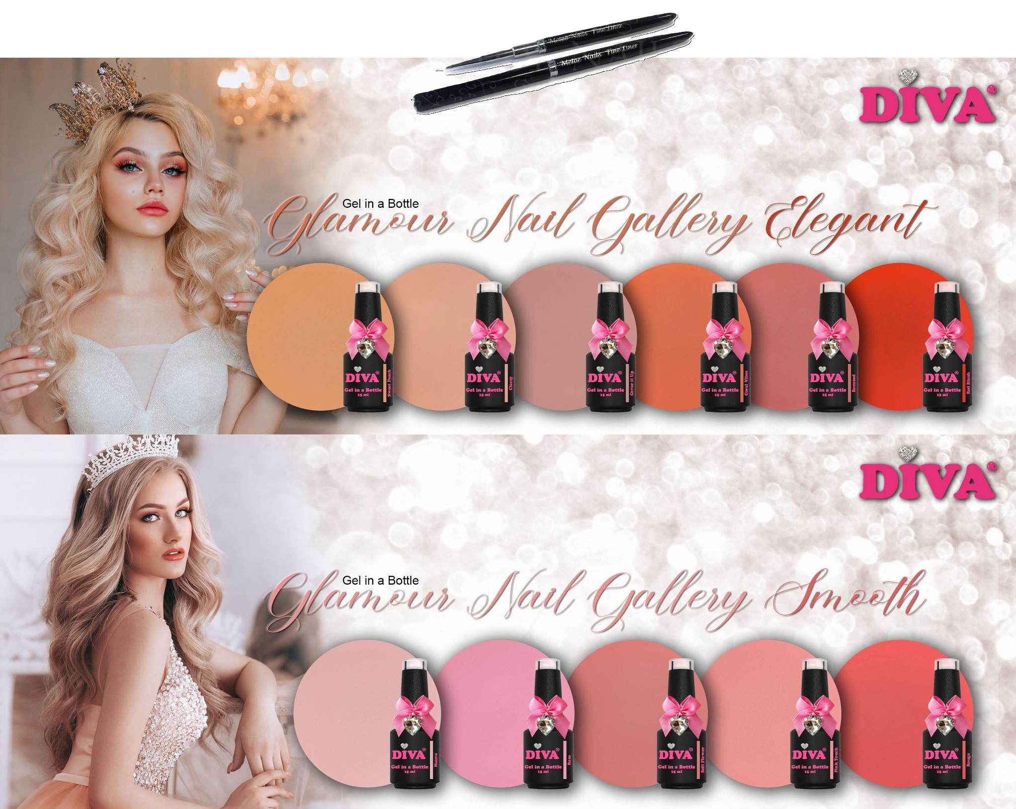 Diva Gel In A Bottle Glamour Nail Gallery Elegant & Smooth 11 x 15ml + Fine Liner Gratis - Hema Free - TPO Free