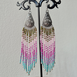 Fringe oorbellen olijf,roze, fuchsia en turquoise