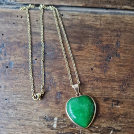 Rvs ketting goud met hartje van groene jade