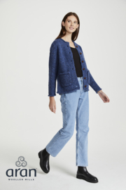 Aran Woollen Mills damesvest Ronde Hals, Knoopsluiting, Donegal Tweed, denim