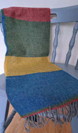 Sjaal geweven van 100% wol, streep, groen-geel-terra-petrol