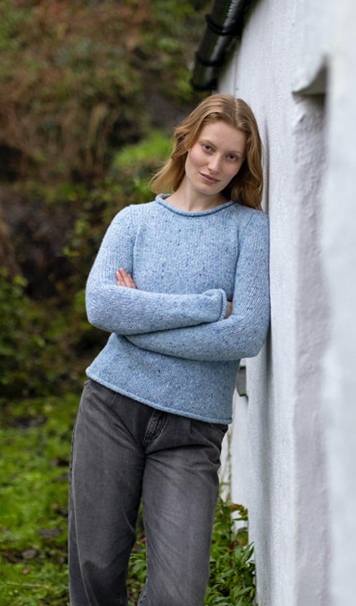 Fisherman trui, Zadelschouder opgerolde panden Blue Mist