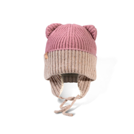 Babymuts, merino wol met oorwarmers en gevoerd, rose