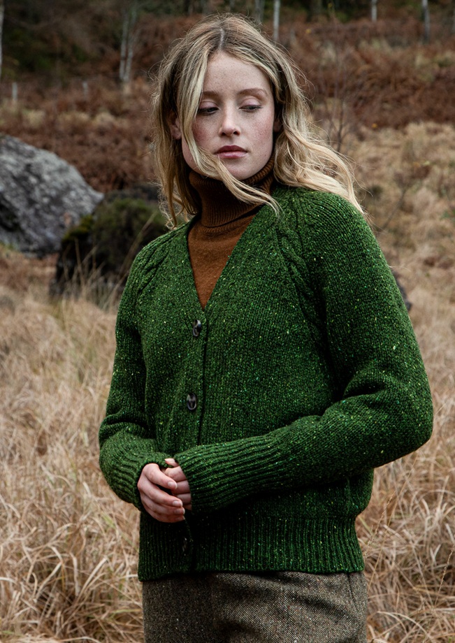 Fisherman Raglan damesvest met kabel detail, groen
