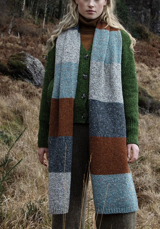 Fisherman Sjaal 100% merino gebreid in blokpatroon koper-staal
