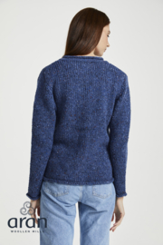 Aran Woollen Mills damesvest Ronde Hals, Knoopsluiting, Donegal Tweed, denim