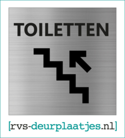 art.nr. 068-rvs wc deurplaatje- rvs wc deurbordje-rvs pictogrambordje-wc deurplaatjes-tekst TOILETTEN+ TRAP / PIJL LINKS OMHOOG - 9x9 CM