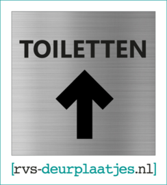 art.nr. 066-rvs wc deurplaatje- rvs wc deurbordje-rvs pictogrambordje-wc deurplaatjes-tekst TOILETTEN + PIJL RECHTDOOR - 9x9 CM