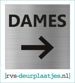 art.nr. 055-rvs wc deurplaatje- rvs wc deurbordje-rvs pictogrambordje-wc deurplaatjes-tekst DAMES + PIJL -> - 9x9 CM