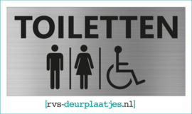 art.nr. 014-rvs wc deurplaatje- rvs wc deurbordje-rvs pictogrambordje-wc deurplaatjes-TEKST TOILETTEN + PICTOGRAM HEREN I DAMES I MIVA 18x9 CM