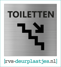 art.nr. 069-rvs wc deurplaatje- rvs wc deurbordje-rvs pictogrambordje-wc deurplaatjes-tekst TOILETTEN+ TRAP / PIJL RECHTS OMLAAG - 9x9 CM