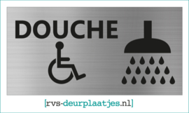 art.nr. 042-rvs wc deurplaatje- rvs wc deurbordje-rvs pictogrambordje-wc deurplaatjes-tekst DOUCHE MINDERVALIDE + PICTOGRAM- 18x9 CM